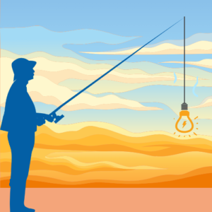 A person stands in silhouette against a sunset with a fishing rod in hand. A lighbulb dangles from the rod.